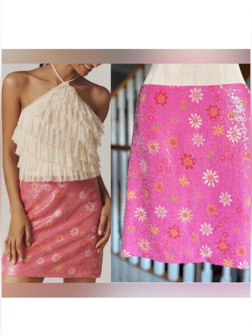 NWT FARM RIO x Anthropologie Sequin Floral Pink Skirt - S